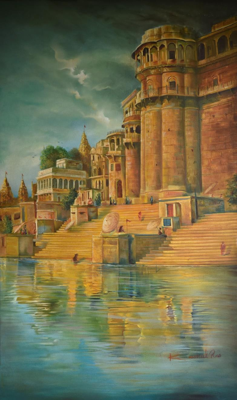 Banaras Ghat' religious oil painting by artist Kamal Rao, 52x36 inch, on canvas