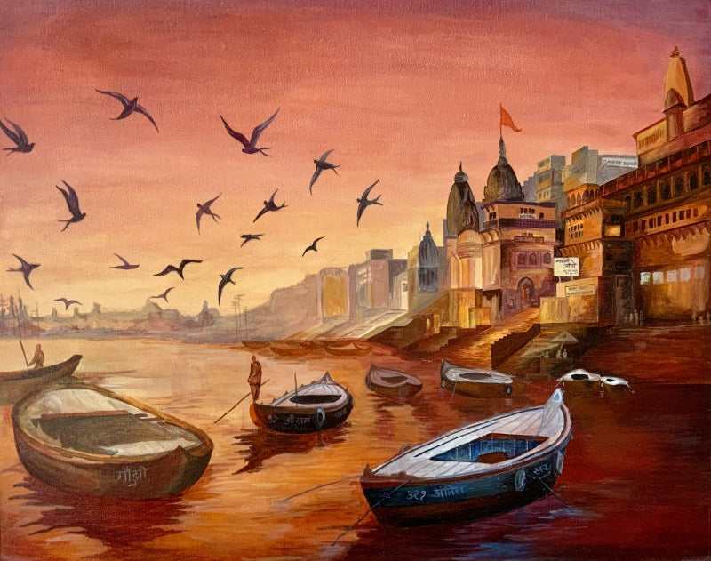 Banaras Ghat' religious acrylic painting by artist Gargi Kadoo, 22x28 inch, on canvas