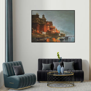 Kamal Rao's 'Banaras Ghat' painting visualized above a sofa in a contemporary room.