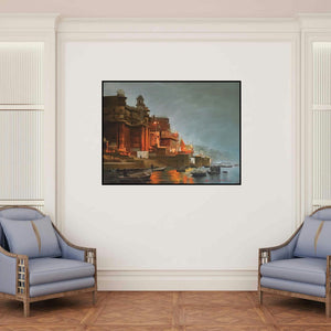 'Banaras Ghat' painting by Kamal Rao shown on a wall in a furnished room.