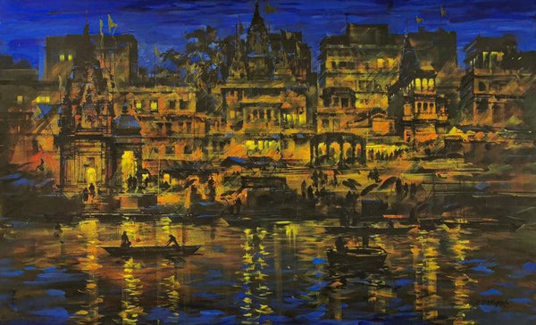 Banaras Ghat At Night painting by Sandeep Chhatraband