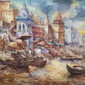 Religious watercolor painting titled 'Banaras Ghat Series 4', 15x22 inch, by artist Shubhashis Mandal on Handmade Paper