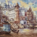 Religious watercolor painting titled 'Banaras Ghat Series 5', 15x22 inch, by artist Shubhashis Mandal on Handmade Paper