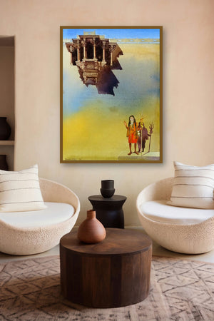 Banaras Ghat Vi by artist Bhuwan Silhare displayed in a Minimalist gallery