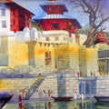 Cityscape acrylic painting titled 'Banaras Ghat XI', 36x24 inches, by artist Bhuwan Silhare on Canvas