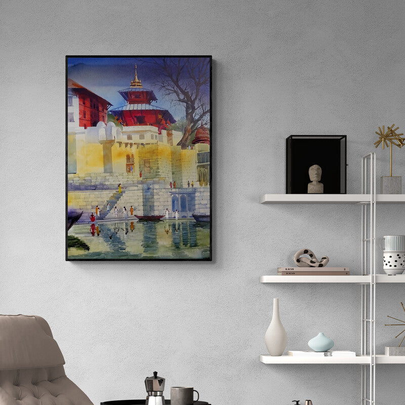 Preview of 'Banaras Ghat Xi (Steps to the Sacred Ganges)' Painting by Bhuwan Silhare shown on a wall in a furnished room.
