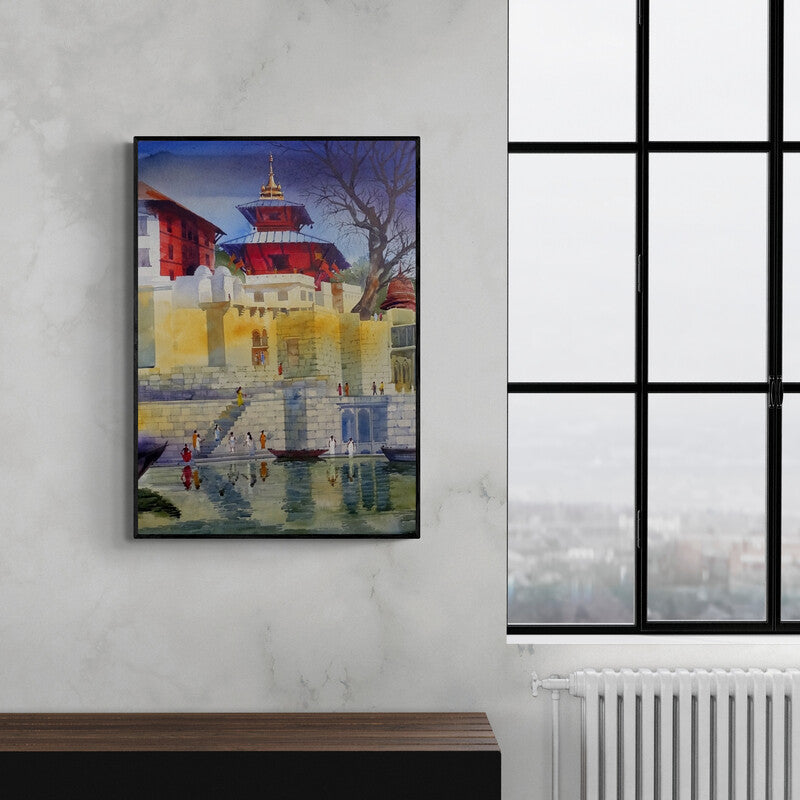 Bhuwan Silhare's painting 'Banaras Ghat Xi (Steps to the Sacred Ganges)' displayed in a modern living room setting