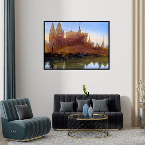 Preview of 'Banaras Ghat Xviii' Painting by Bhuwan Silhare shown on a wall in a furnished room.