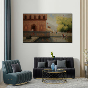 Basavaraj Nalakar's 'Banaras Ghats (Pilgrimage to the Holy River)' painting visualized above a sofa in a contemporary room.