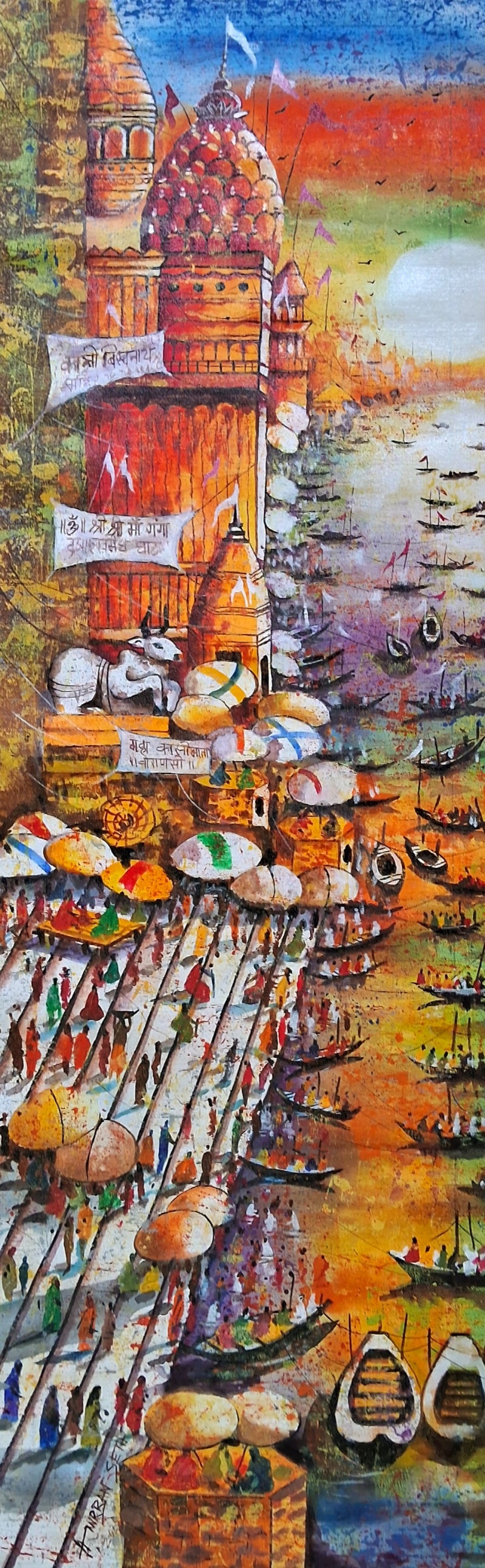 'Banaras Ghats 3' religious acrylic painting by artist Anirban Seth, 48x16 inch, on canvas