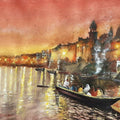 Cityscape watercolor painting titled 'Banaras Ghats in evening', 20x16 inches, by artist Mrutyunjaya Dash on paper
