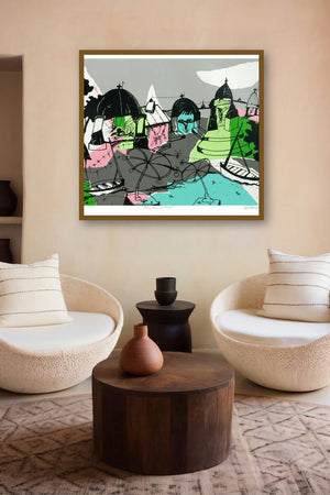 Banaras In Gray (Banaras in Grey) by artist Manu Parekh displayed in a Curated gallery