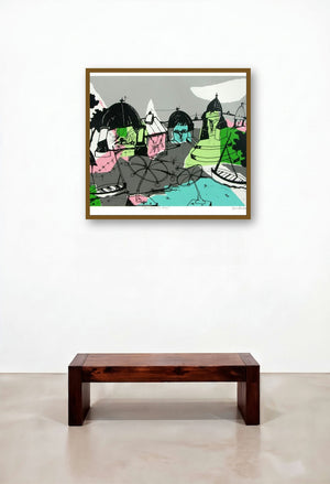 Banaras In Gray (Banaras in Grey) by artist Manu Parekh displayed in a Rustic Penthouse