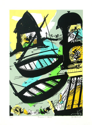 Banaras In Lemon (Banaras in Lemon) by Manu Parekh, Serigraph Serigraphs Cityscape Painting on Paper, Small Vertical Wall Art
