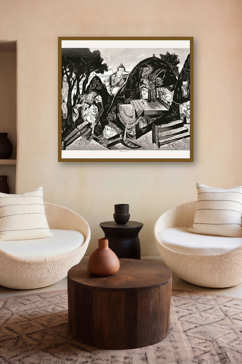 Banaras In Winter (Banaras in Black and White) by artist Manu Parekh displayed in a Designer gallery