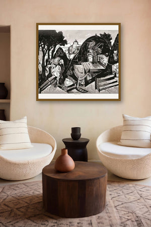 Banaras In Winter (Banaras in Black and White) by artist Manu Parekh displayed in a Designer gallery