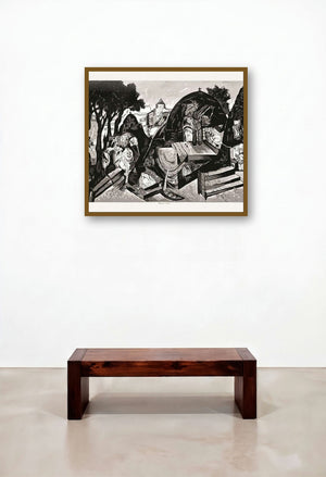Banaras In Winter (Banaras in Black and White) by artist Manu Parekh displayed in a Classic Hotel Suite