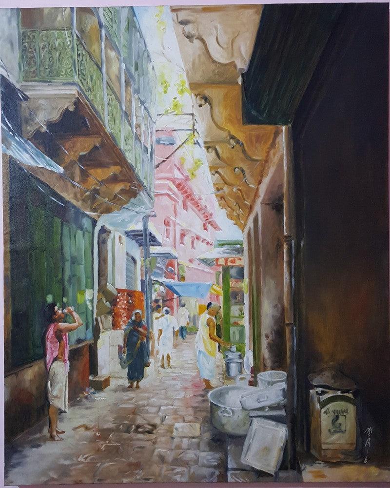 Cityscape oil painting titled 'Banaras Morning', 43x35 inches, by artist Rishikesh Vishwakarma on Canvas