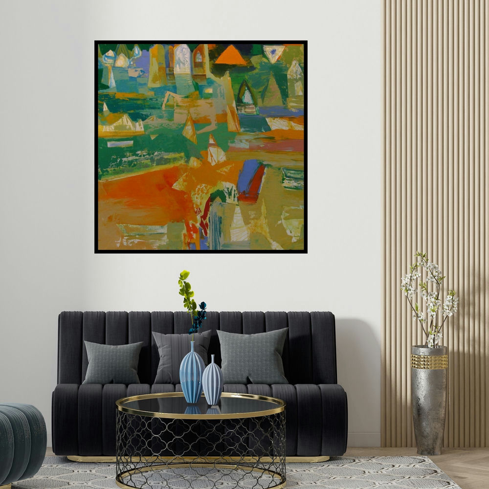 Ranadip Mukherjee's 'Banaras Series 1 (Urban Oasis)' painting visualized above a sofa in a contemporary room.