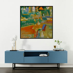 'Banaras Series 1 (Urban Oasis)' painting by Ranadip Mukherjee shown on a wall in a furnished room.