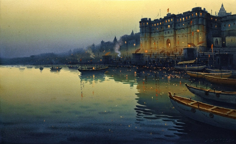 'Banaras Series 14' religious acrylic painting by artist Siddharth Gavade, 22x36 inch, on canvas