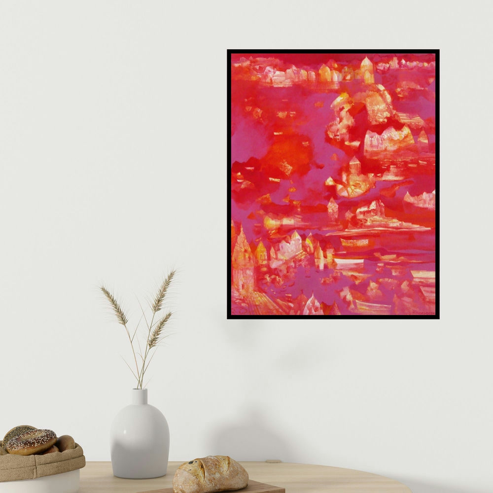 Ranadip Mukherjee's 'Banaras Series 6 (Crimson Dawn)' painting visualized above a sofa in a contemporary room.