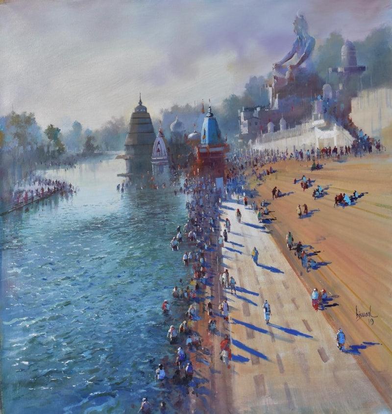 Cityscape acrylic painting titled 'Banaras (Varanasi) Ghat', 40x30 inches, by artist Bijay Biswaal on Canvas