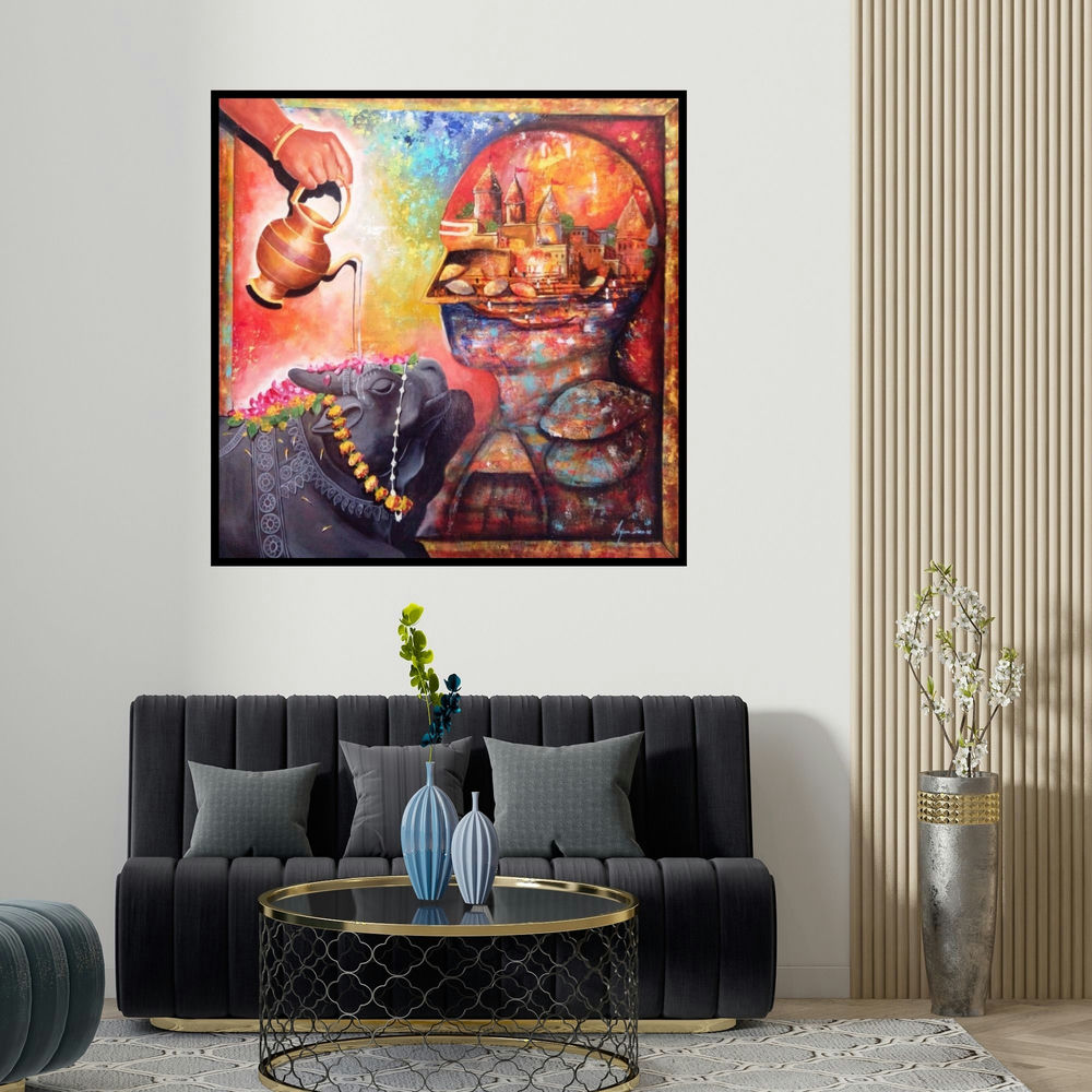 Arjun Das's 'Banarash Ghat 2 (Sacred Bathing of Nandi)' painting visualized above a sofa in a contemporary room.