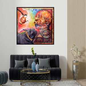 Arjun Das's 'Banarash Ghat 2 (Sacred Bathing of Nandi)' painting visualized above a sofa in a contemporary room.