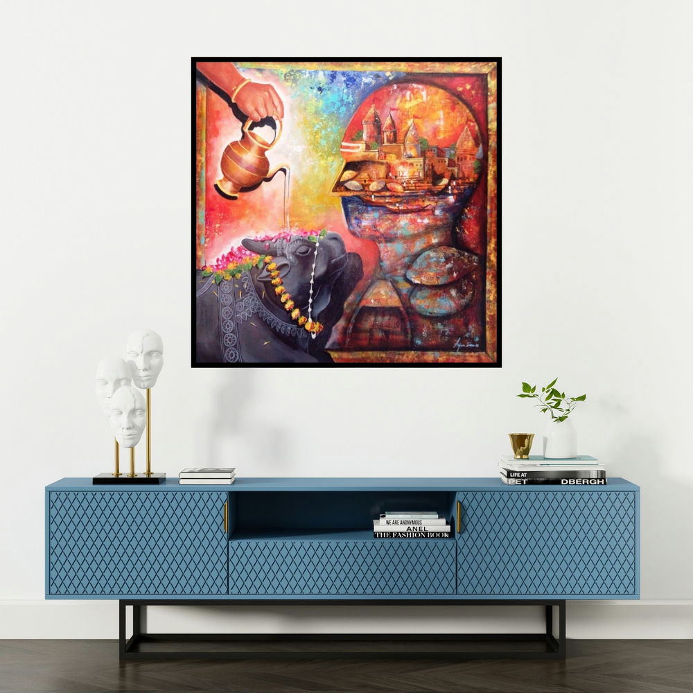 'Banarash Ghat 2 (Sacred Bathing of Nandi)' painting by Arjun Das shown on a wall in a furnished room.