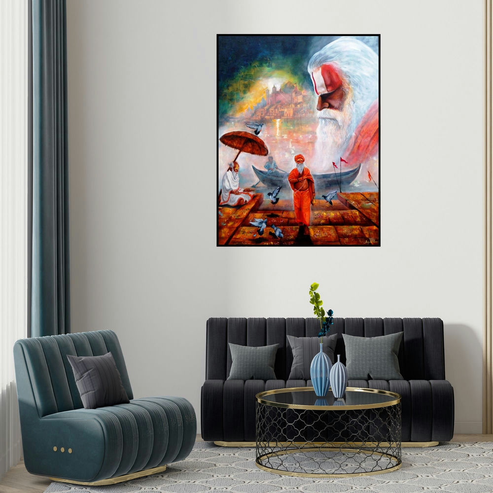 Arjun Das's 'Banarash Ghat 3' painting visualized above a sofa in a contemporary room.