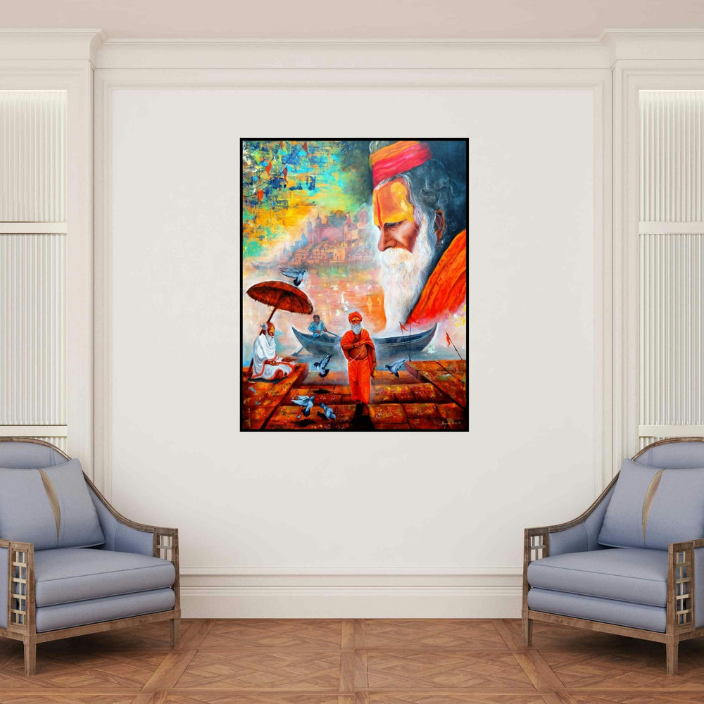'Banarash Ghat 3' painting by Arjun Das shown on a wall in a furnished room.
