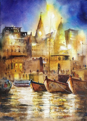 Banars Beauty (Varanasi Night) by Sanjay Dhawale, Original Watercolor Landscape Painting on Handmade Paper, Small Vertical Wall Art