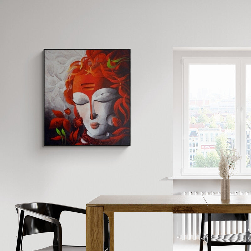 Preview of 'Bandevta 3 (Shiva)' Painting by Dhananjay Mukherjee shown on a wall in a furnished room.