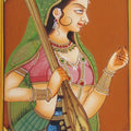 Figurative miniature traditional art titled 'Bani Thani With Sitar', 7x5 inches, by artist E Craft on Paper