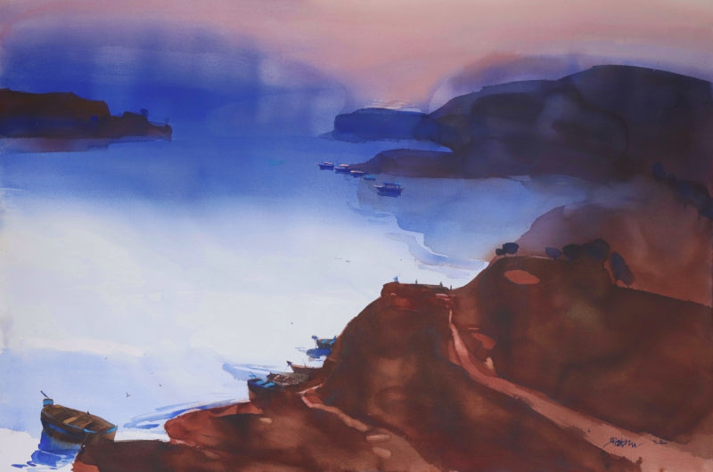 'Banking On Patience' seascape watercolor painting by artist Prashant Prabhu, 30x40 inch, on paper