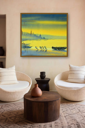 Banks Of Banaras Ganga (Morning on the Ganges) by artist Ganesh Hire displayed in a Boutique gallery