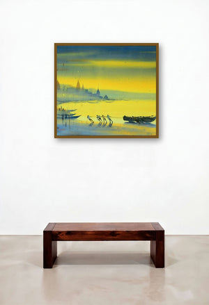 Banks Of Banaras Ganga (Morning on the Ganges) by artist Ganesh Hire displayed in a Traditional Hotel Suite