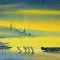 Nature watercolor painting titled 'Banks of Banaras Ganga', 22x45 inches, by artist Ganesh Hire on Paper