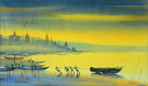 Banks Of Banaras Ganga (Morning on the Ganges) by Ganesh Hire, Original Watercolor Nature Painting on Paper, Medium Horizontal Wall Art