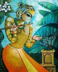 Bansidhar Ii (Enchanting Melodies) by Ramchandra B Pokale, Original Acrylic Figurative Painting on Canvas, Medium Vertical Wall Art