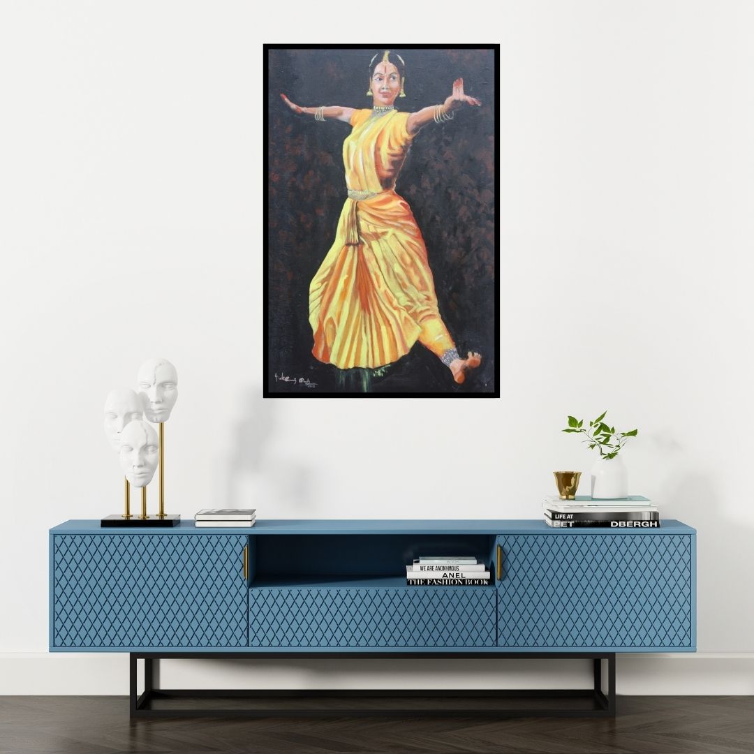Preview of 'Barathanatyam' Painting by Vignesh Kumar shown on a wall in a furnished room.