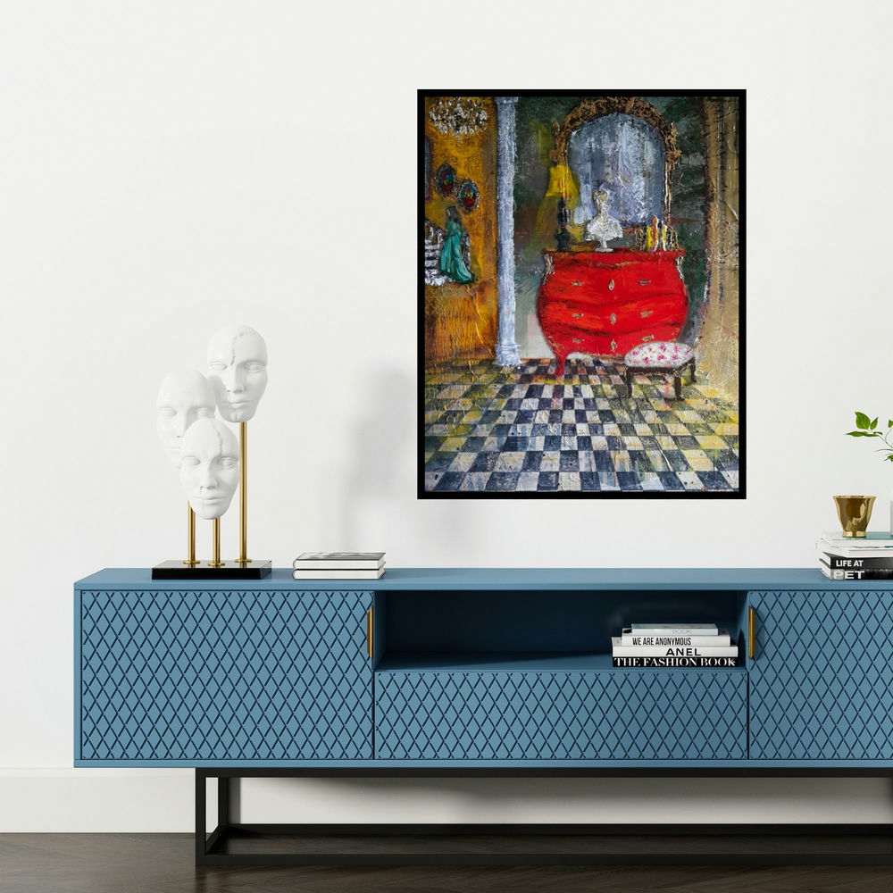 'Baroque 15' painting by Sheetal Singh shown on a wall in a furnished room.