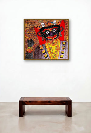 Basanti Ii (Divine Protector) by artist Meenakshi Jha Banerjee displayed in a Boutique Hotel Style Library