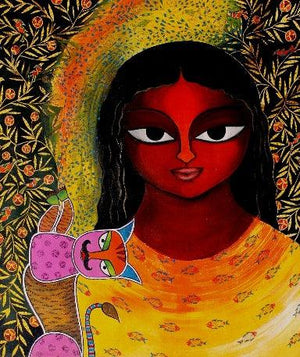 Basanti Viii (Kindred Spirits) by Meenakshi Jha Banerjee, Original Acrylic Figurative Painting on Canvas, Medium Vertical Wall Art