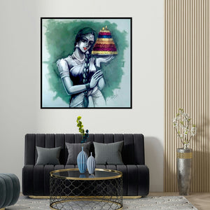 Shravan Kumar's 'Bathukamma (Offering of Light)' painting visualized above a sofa in a contemporary room.