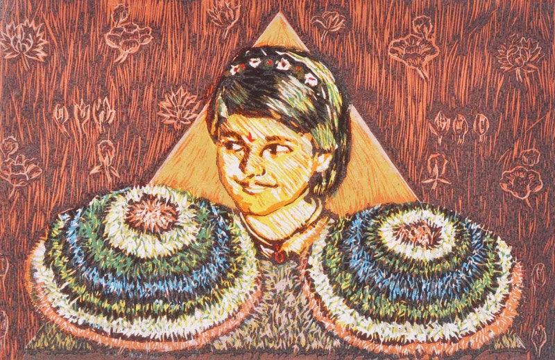 Figurative printmaking titled 'Bathukamma 2', 10x14 inches, by artist Kumara Swamy Pashikanti on Paper