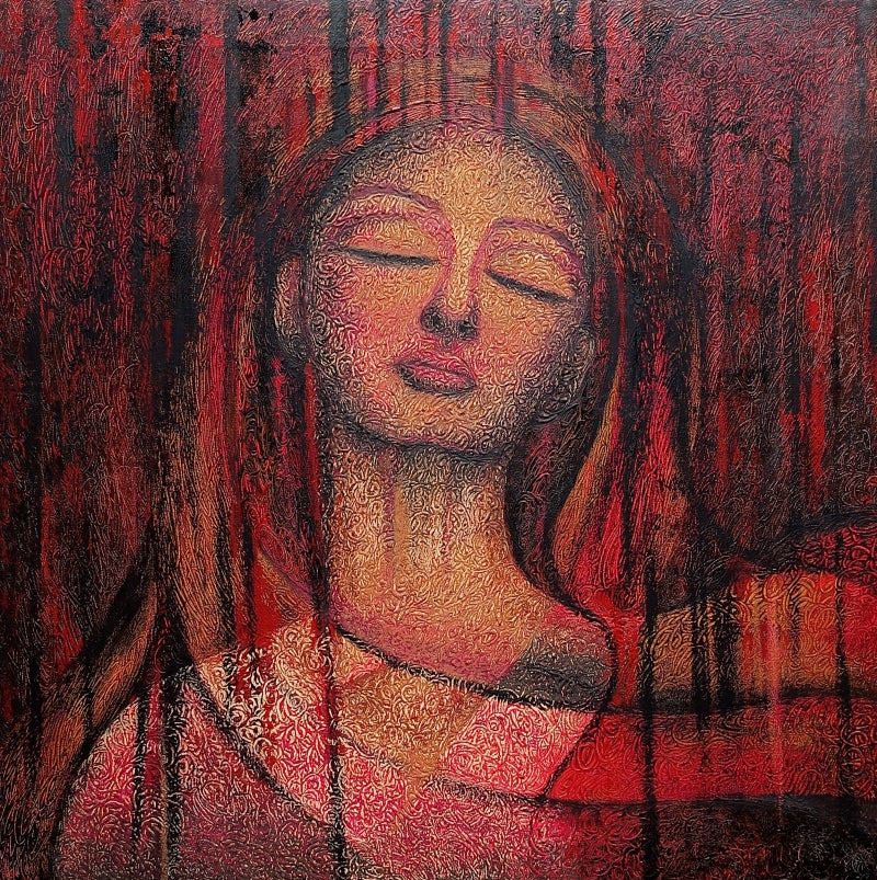 'Battle Of Existence' figurative mixed-media painting by artist Devirani Dasgupta, 30x30 inch, on canvas