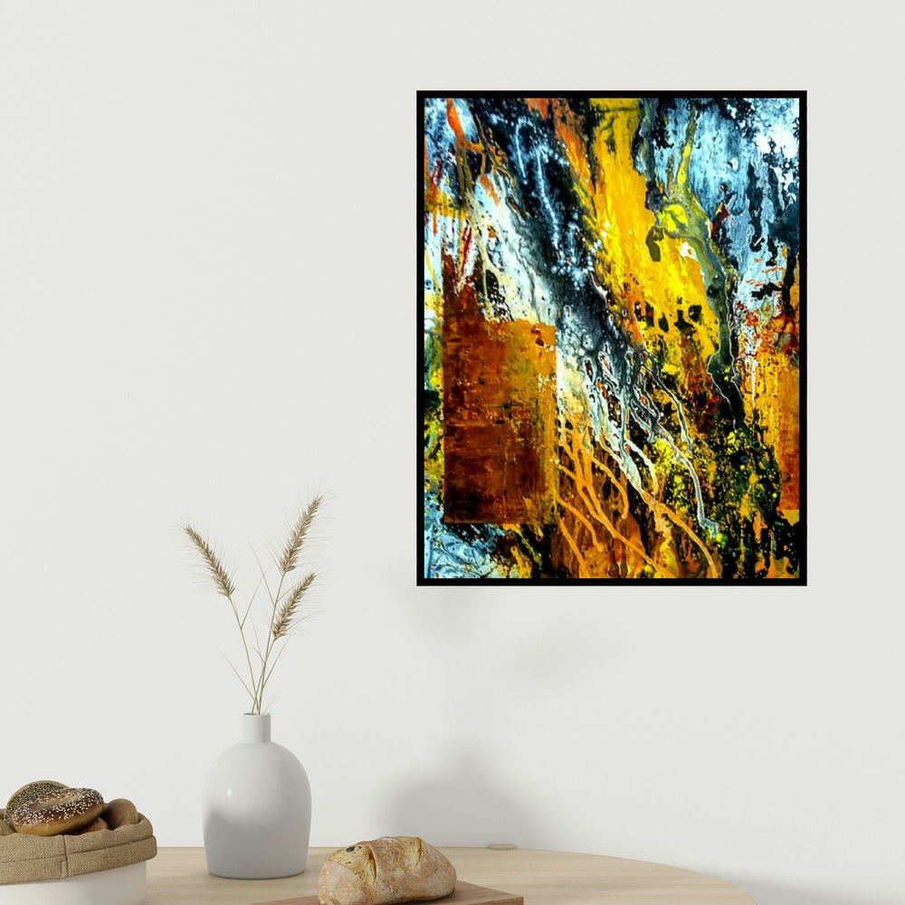 Kartikey Sharma's 'Battle Field' painting visualized above a sofa in a contemporary room.