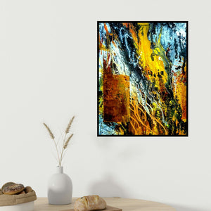 Kartikey Sharma's 'Battle Field' painting visualized above a sofa in a contemporary room.